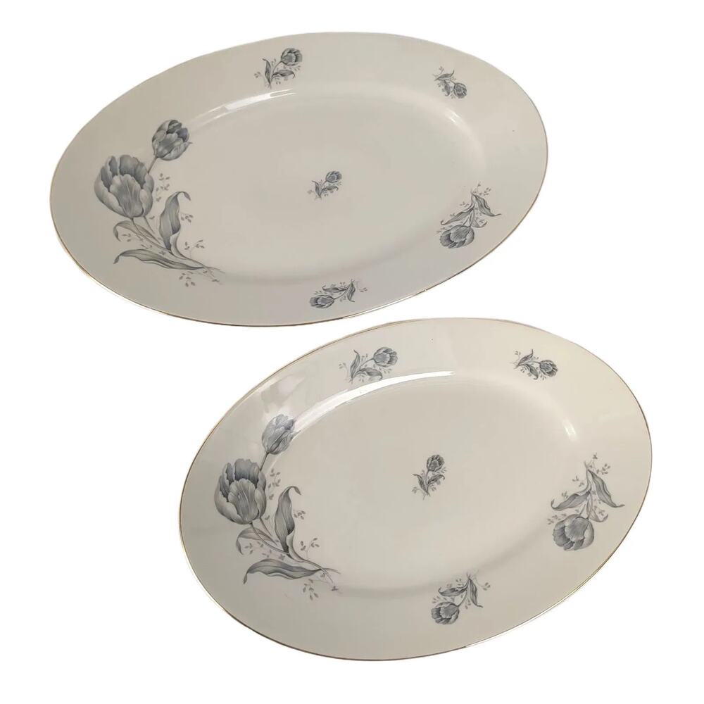 Vtg Set 2 Thomas Germany Gray Tulip 12" 15" Oval Serving Platters 7510 Rosenthal